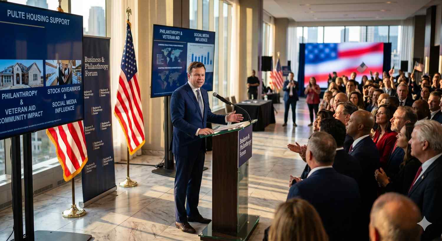 A speaker addresses a large audience at a business and philanthropy forum with American flags and presentation screens in the background. Displays highlight housing support, veteran aid, philanthropy, and community initiatives during the formal public event.