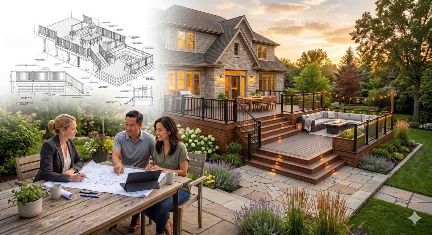 Homeowners meet with a design consultant to review plans for a custom backyard deck project. Architectural drawings and blueprints appear alongside a completed multi-level deck featuring illuminated stairs, railings, dining and lounge areas. The image illustrates the deck design process, project planning, collaboration, and transformation from concept to finished outdoor living space.