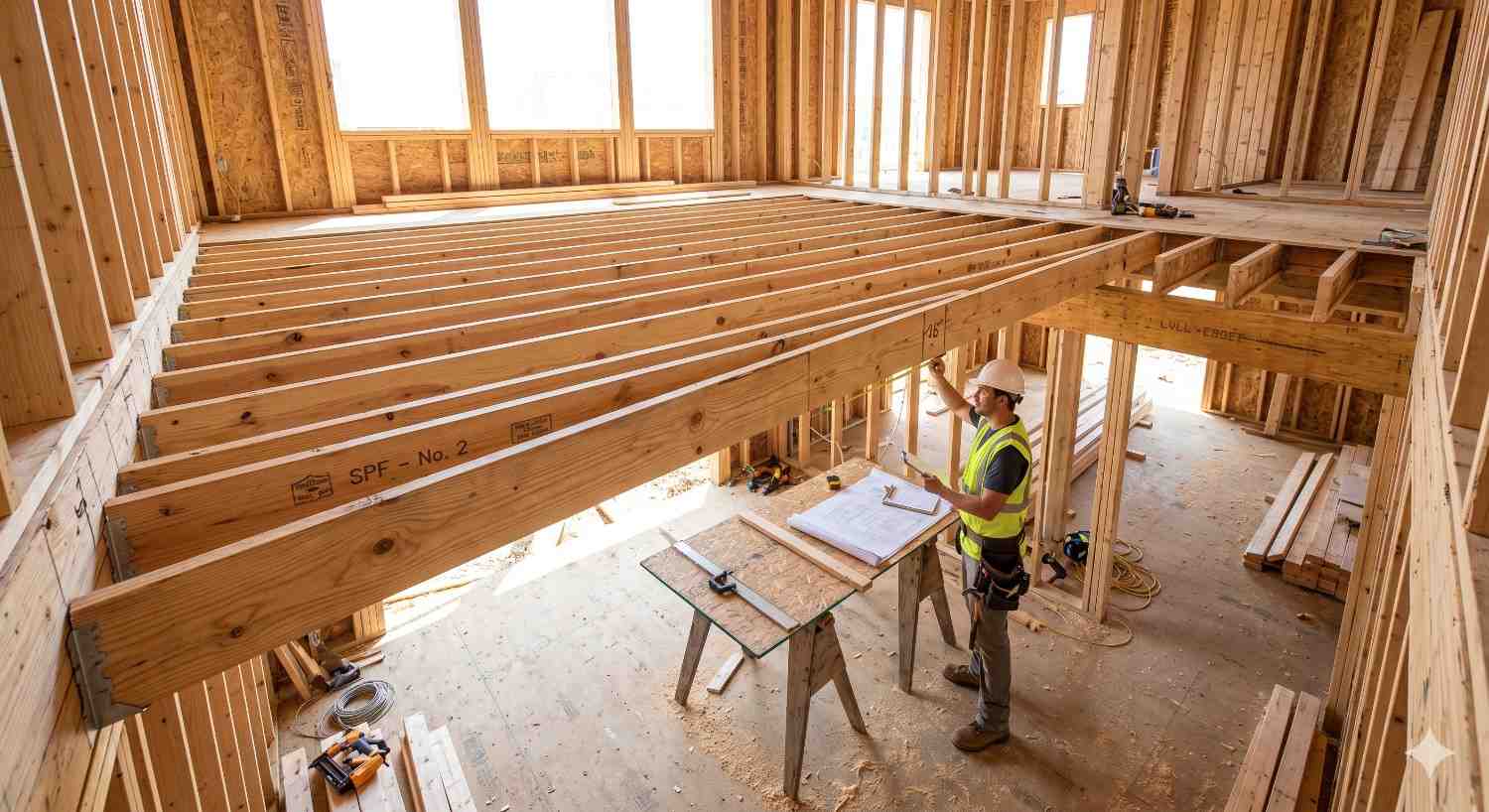 Construction worker inspects engineered floor framing inside a new residential building. Large wooden joists span an open area while the contractor reviews blueprints and measures structural components. The unfinished interior reveals wall framing, support beams, and subfloor preparation, highlighting precision planning, load-bearing design, and professional construction practices.