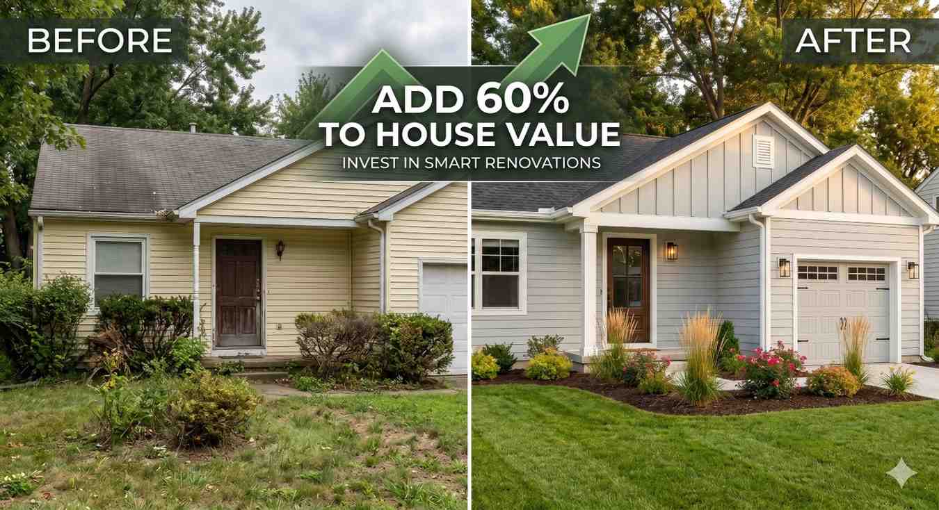 Before-and-after home exterior renovation comparison showing a dated house transformed into a modern, attractive property. The upgraded version features new siding, enhanced architectural details, updated landscaping, improved curb appeal, and a garage addition. Promotional text highlights increased home value through strategic remodeling and smart renovation investments.