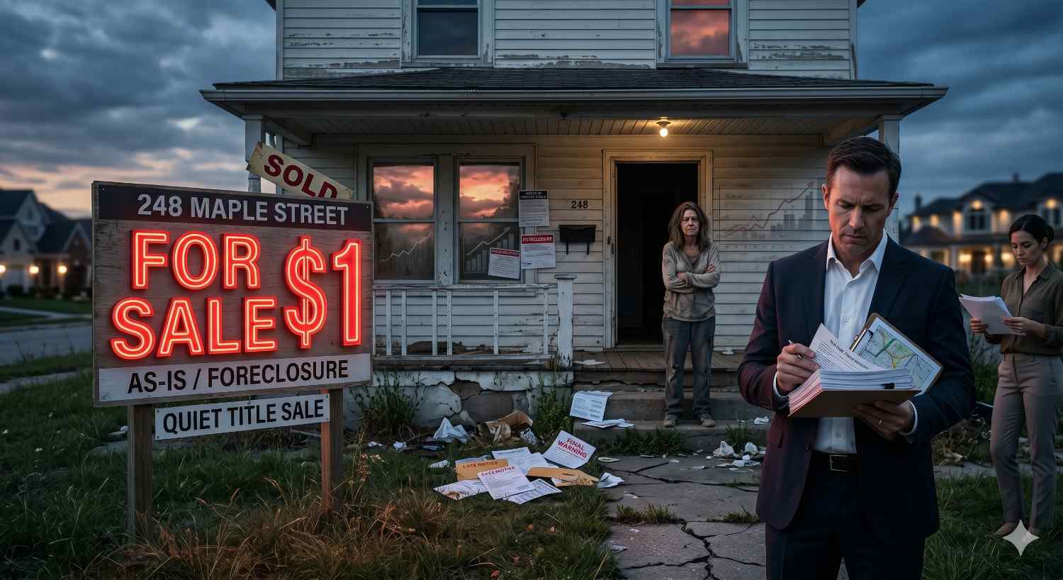 A distressed house at dusk displays a glowing “For Sale $1” foreclosure sign with “Quiet Title Sale” text. A suited man reviews documents while two women stand nearby, suggesting a tense real estate transaction involving a neglected property in a suburban neighborhood.