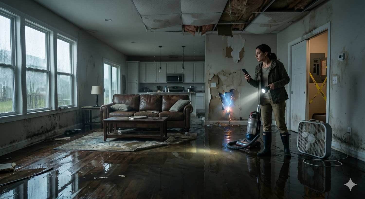 A woman stands in a severely water-damaged living room holding a flashlight and phone. The flooded floor reflects damaged ceilings, peeling walls, and exposed insulation, while fans and cleanup equipment indicate ongoing restoration after major water intrusion or storm damage.