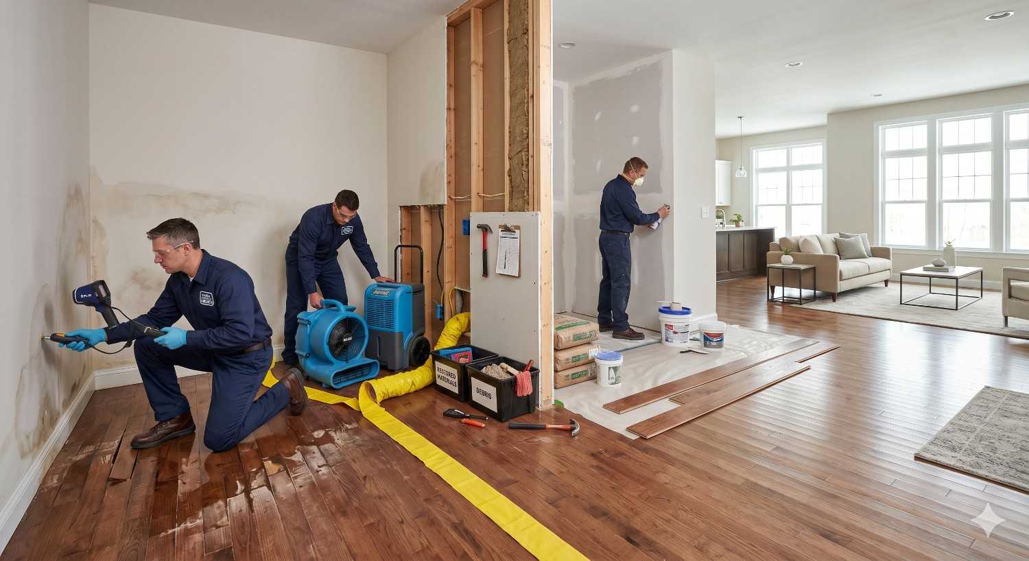 Water damage restoration professionals inspect moisture-affected walls and flooring inside a residential home. Technicians use moisture meters, air movers, and drying equipment while repairing drywall and replacing damaged materials. The scene highlights flood recovery, structural drying, water mitigation, mold prevention, hardwood floor restoration, and comprehensive property remediation services after water intrusion.