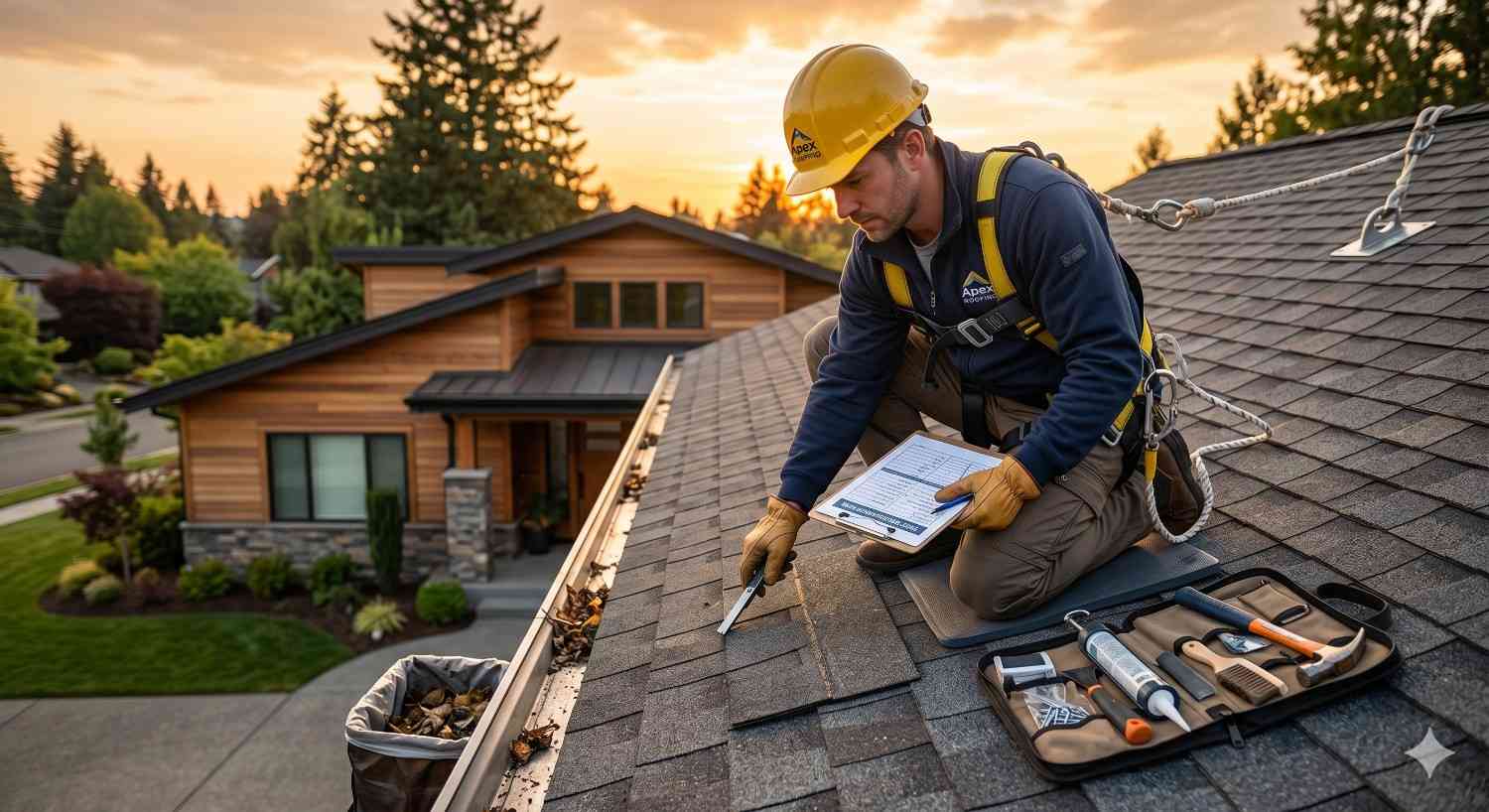 Professional roofer inspecting shingles and cleaning debris from gutter while secured with safety harness during roof maintenance on residential home at sunset