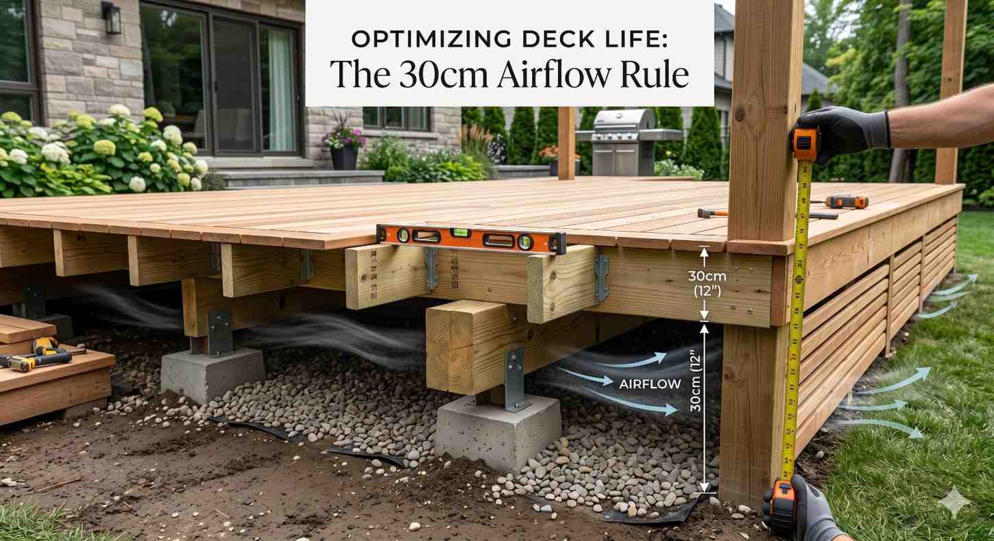 Illustration of deck construction showing the “30cm Airflow Rule” for optimizing deck lifespan. Measurements, airflow arrows, and framing details demonstrate proper ventilation beneath a raised deck to reduce moisture buildup and improve durability in an outdoor residential setting.