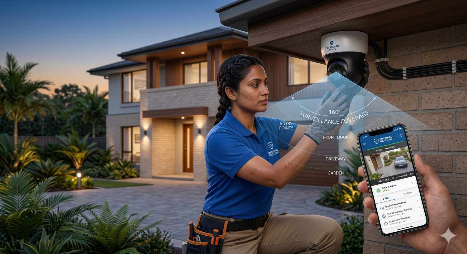 Technician installing a smart security camera outside a modern home, demonstrating smart camera & surveillance installation with mobile app monitoring and wide-angle coverage