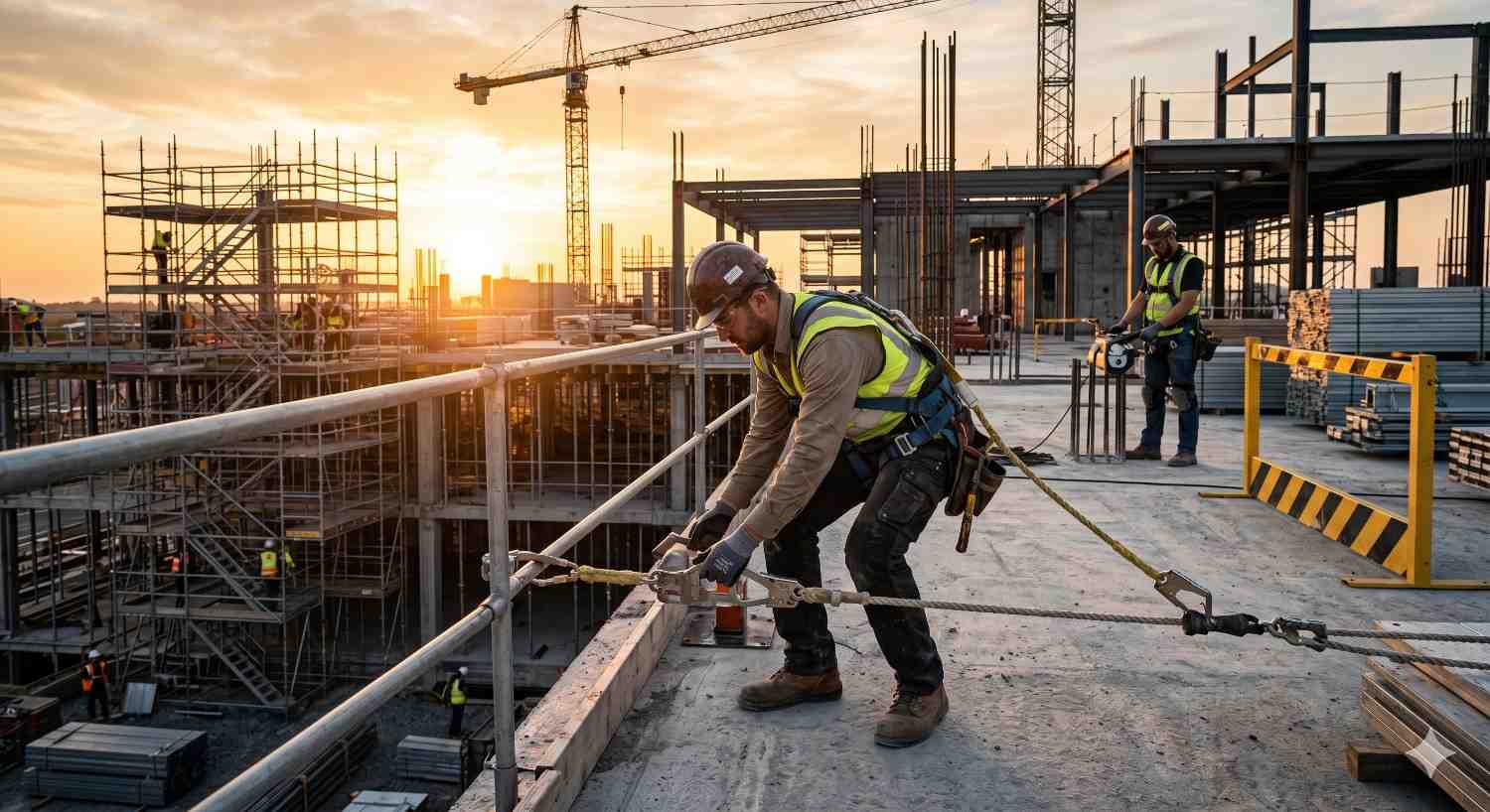 Construction workers wearing safety harnesses and helmets work on a high-rise building site at sunset. Scaffolding, cranes, and steel frameworks surround the active construction area as crews secure equipment and materials.