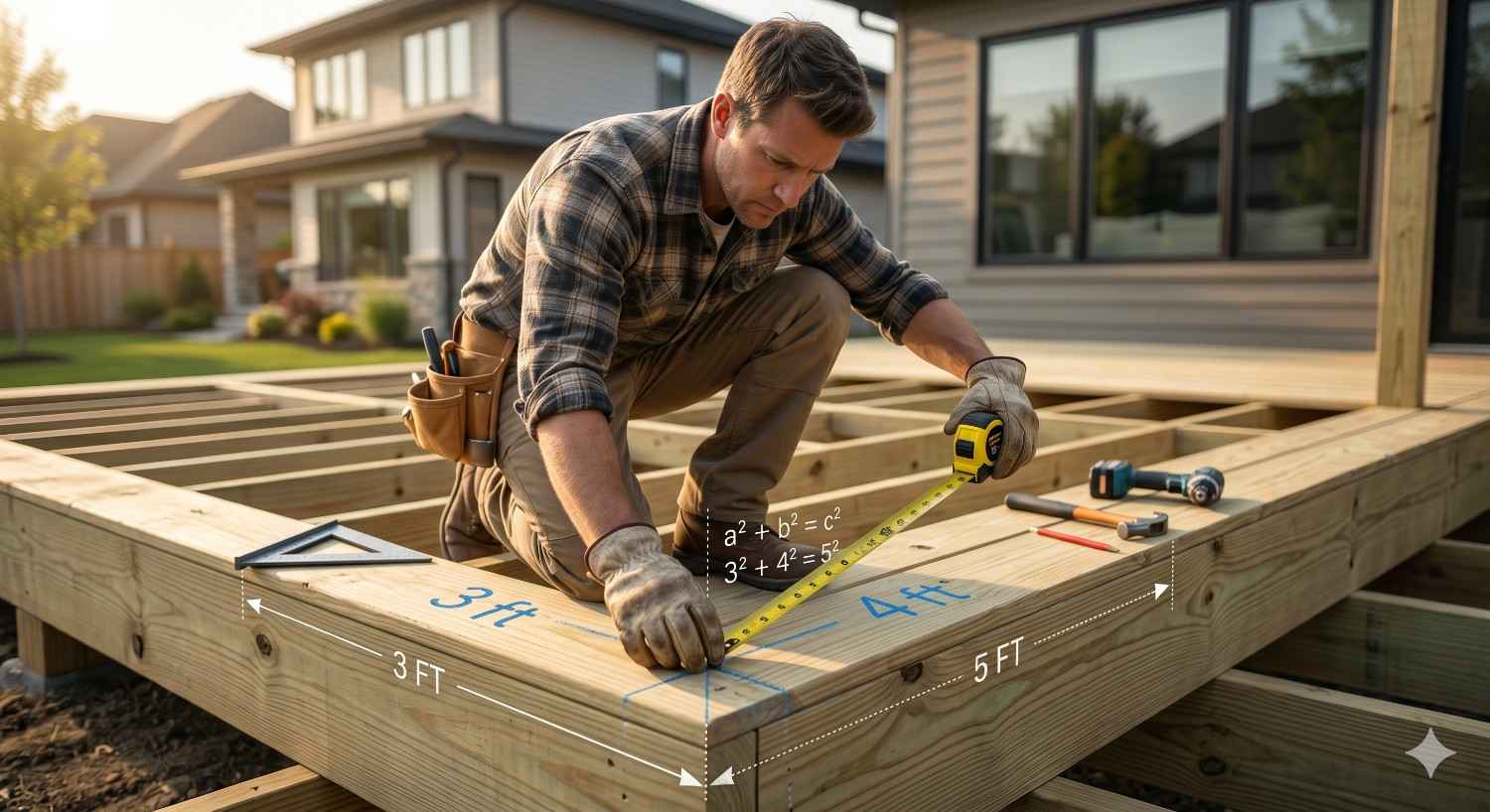 Builder measuring deck framing with a tape measure while using the 3-4-5 rule and Pythagorean theorem for layout accuracy. Marked dimensions and construction tools demonstrate how to create square corners and ensure precise framing during a residential deck-building project.