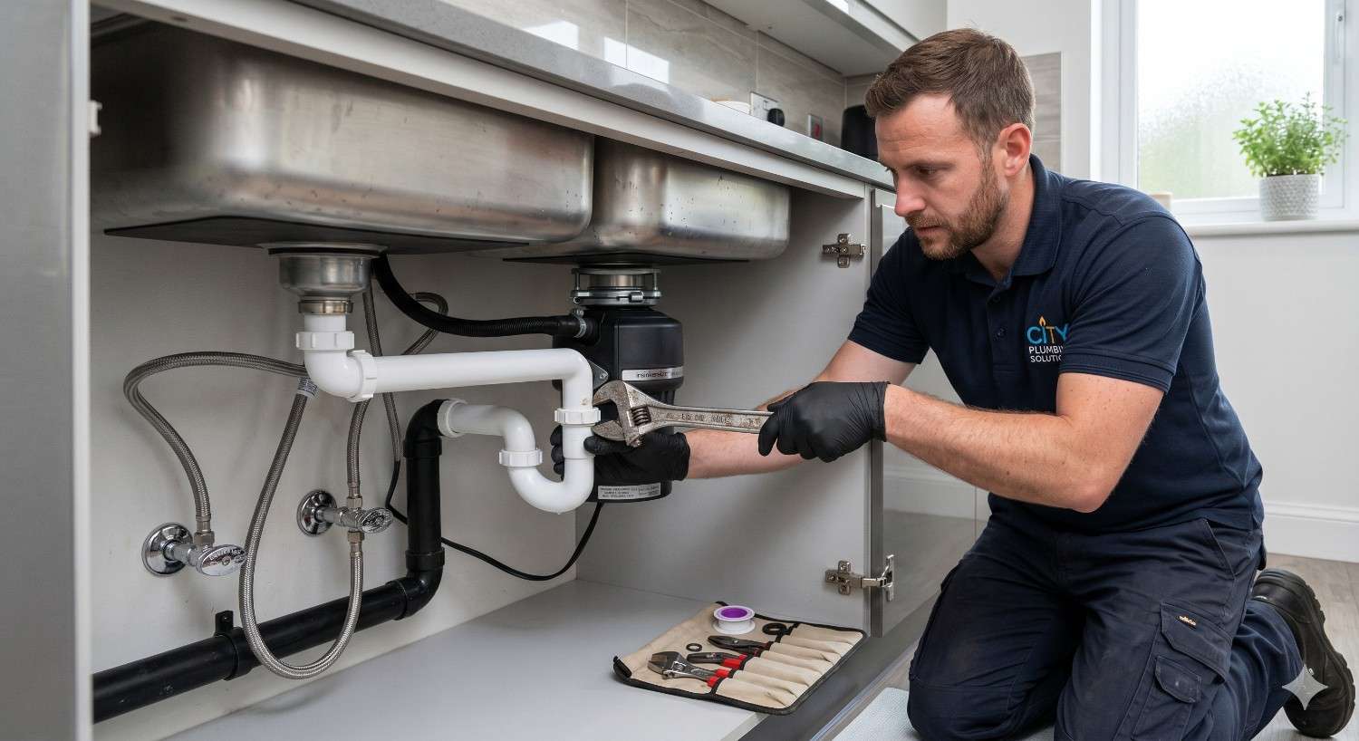 Professional plumber repairing pipes under a sink using tools, providing expert kitchen plumbing service in a modern home