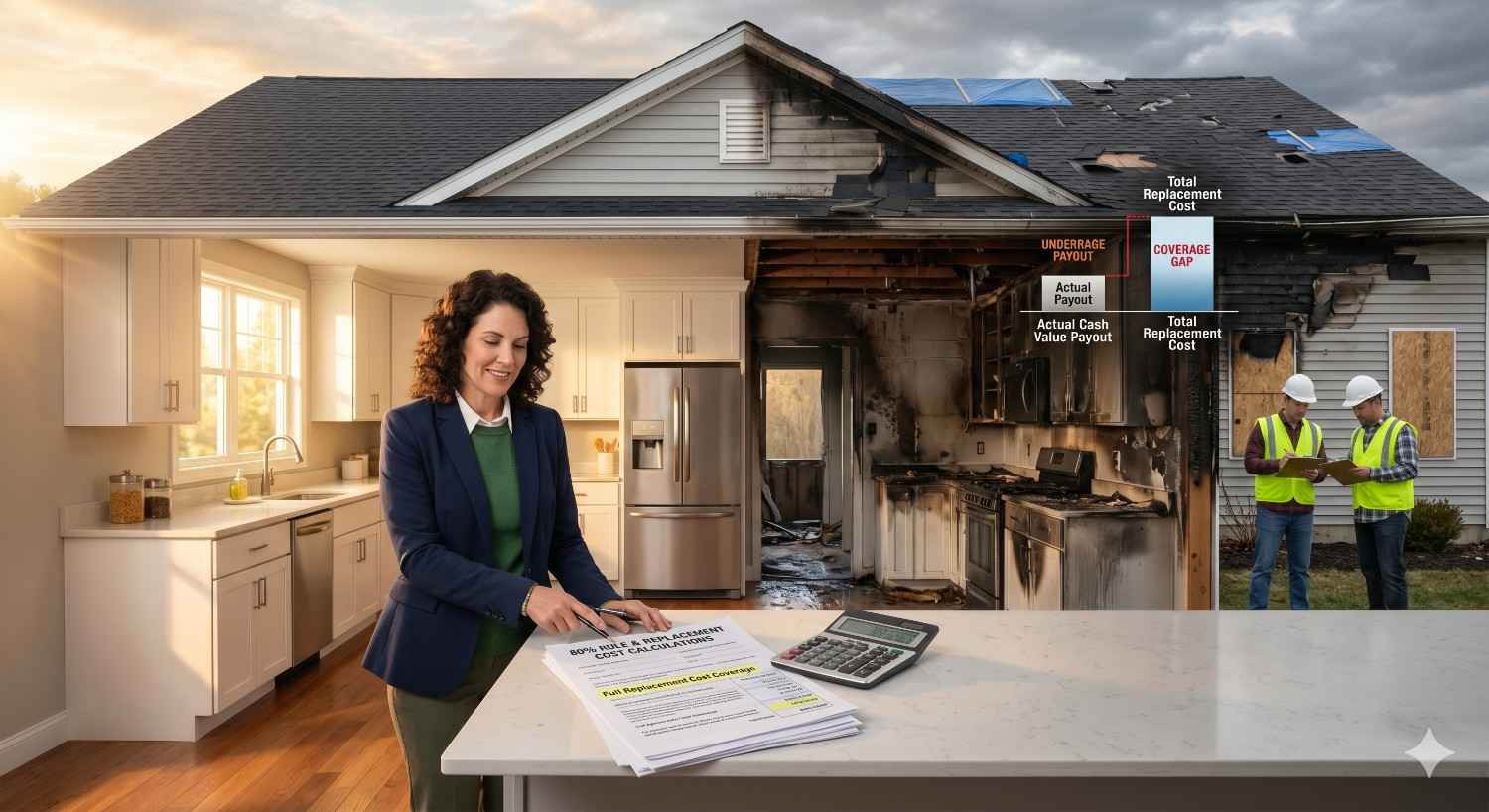 A split-scene home restoration image contrasts a clean renovated kitchen with a fire-damaged house exterior, while a woman reviews insurance paperwork and contractors assess repair costs and coverage gaps after property damage.