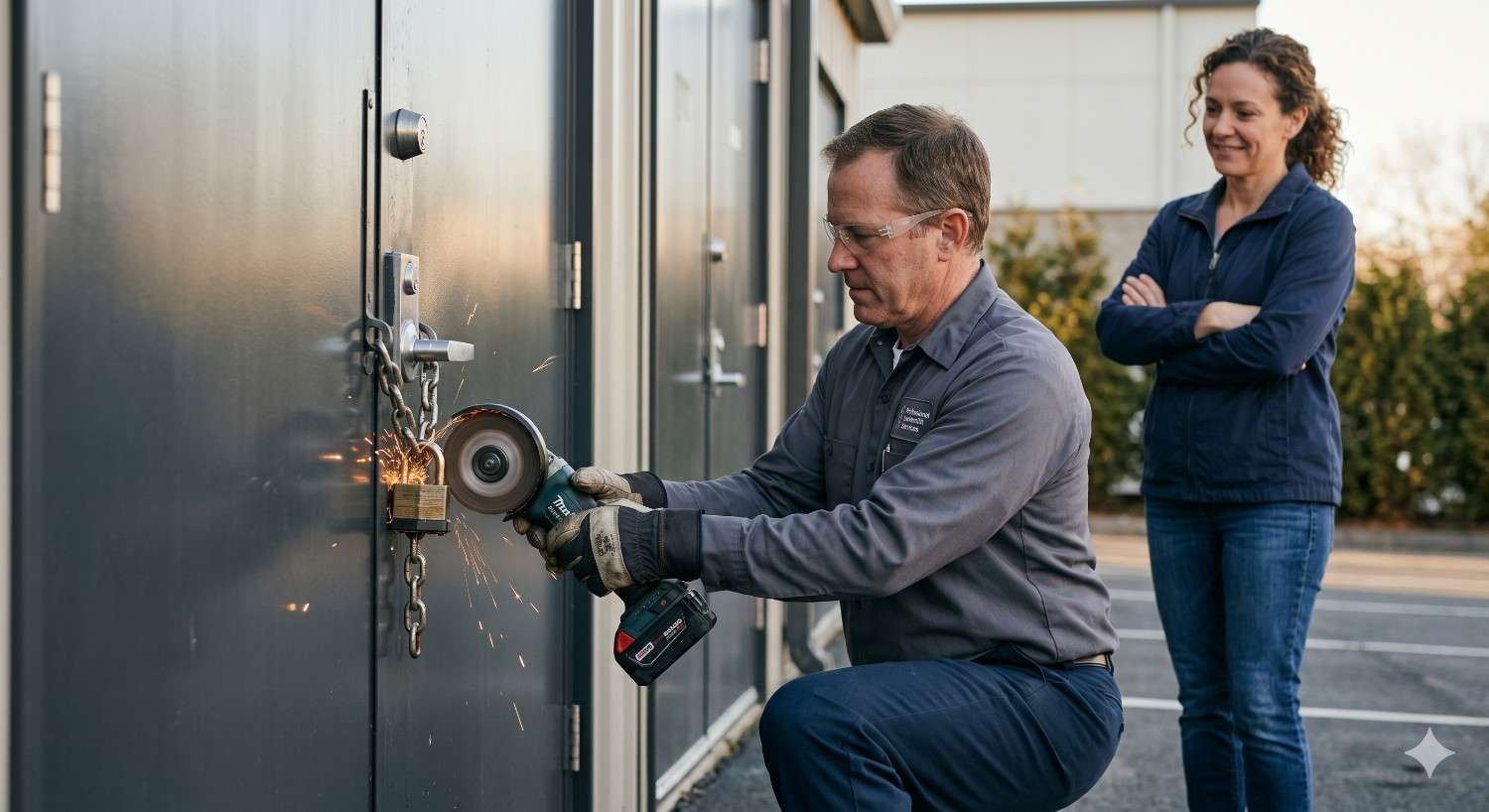 Technician uses a handheld angle grinder to cut a padlock and chain securing a storage unit door while a customer observes nearby. Sparks fly from the cutting wheel during lock removal. The image depicts professional locksmith or maintenance service, emergency access assistance, lock replacement, security hardware, and storage facility access.