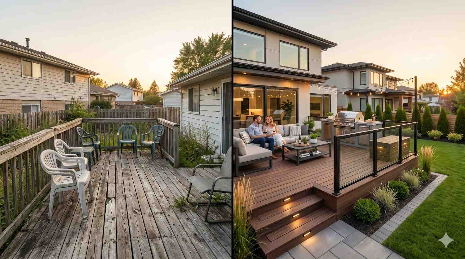 Split-screen comparison of an old, weathered backyard deck with plastic chairs beside a modern renovated outdoor living space featuring stylish seating, built-in grill, landscaping, lighting, and a couple relaxing at sunset.