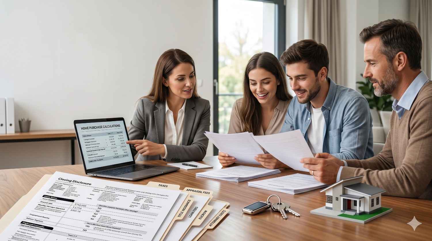 A financial advisor meets with a young couple and another client to review home purchase documents, mortgage calculations, and closing paperwork, with house keys and a model home displayed on the conference table.