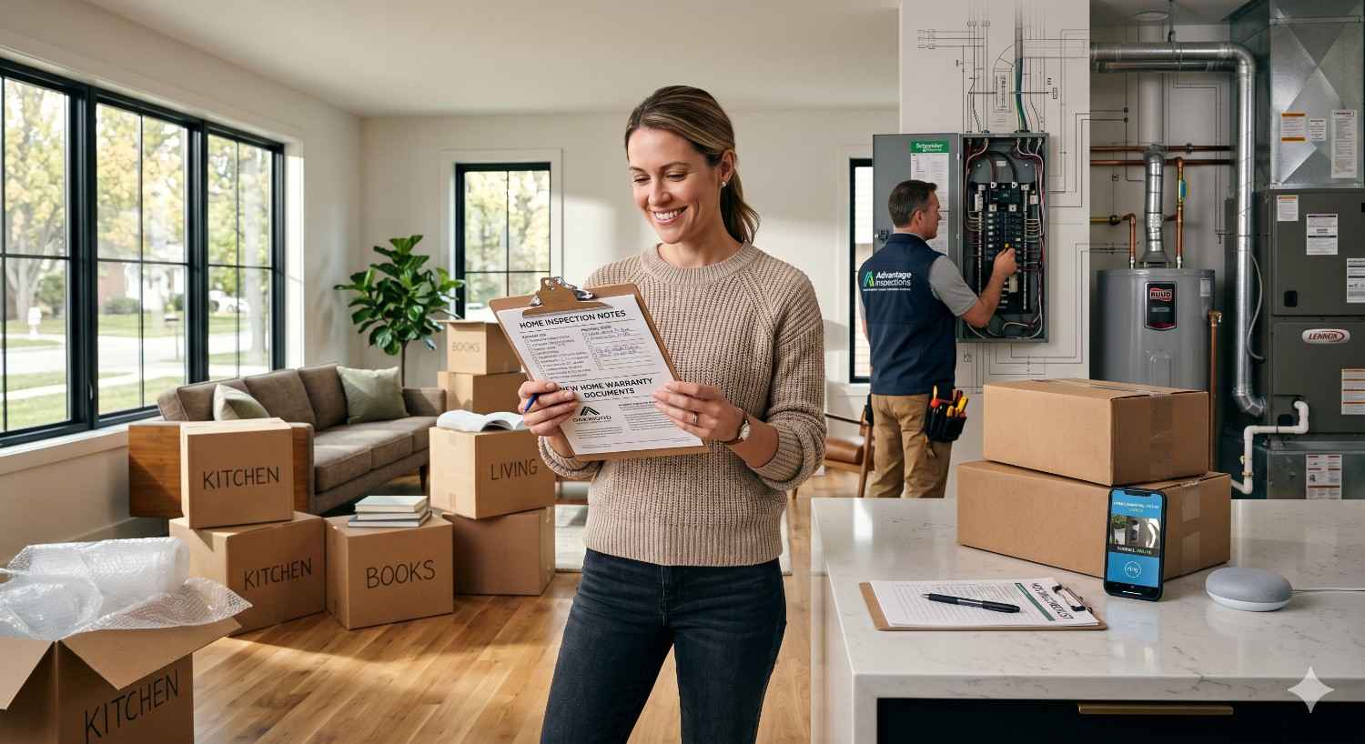 Smiling homeowner reviews inspection documents inside a bright modern house while moving boxes fill the living space A technician services electrical and HVAC systems in the background Smart home devices, labeled packing boxes, and organized paperwork highlight home maintenance, relocation preparation, and modern residential technology integration within a clean contemporary interior environment safely