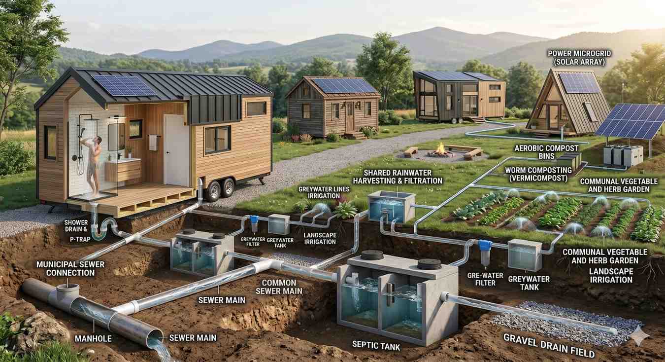 Illustration of a sustainable tiny home community featuring solar power, rainwater harvesting, greywater recycling, septic systems, composting, and communal gardens. Underground plumbing and irrigation networks connect eco-friendly homes and shared resources.