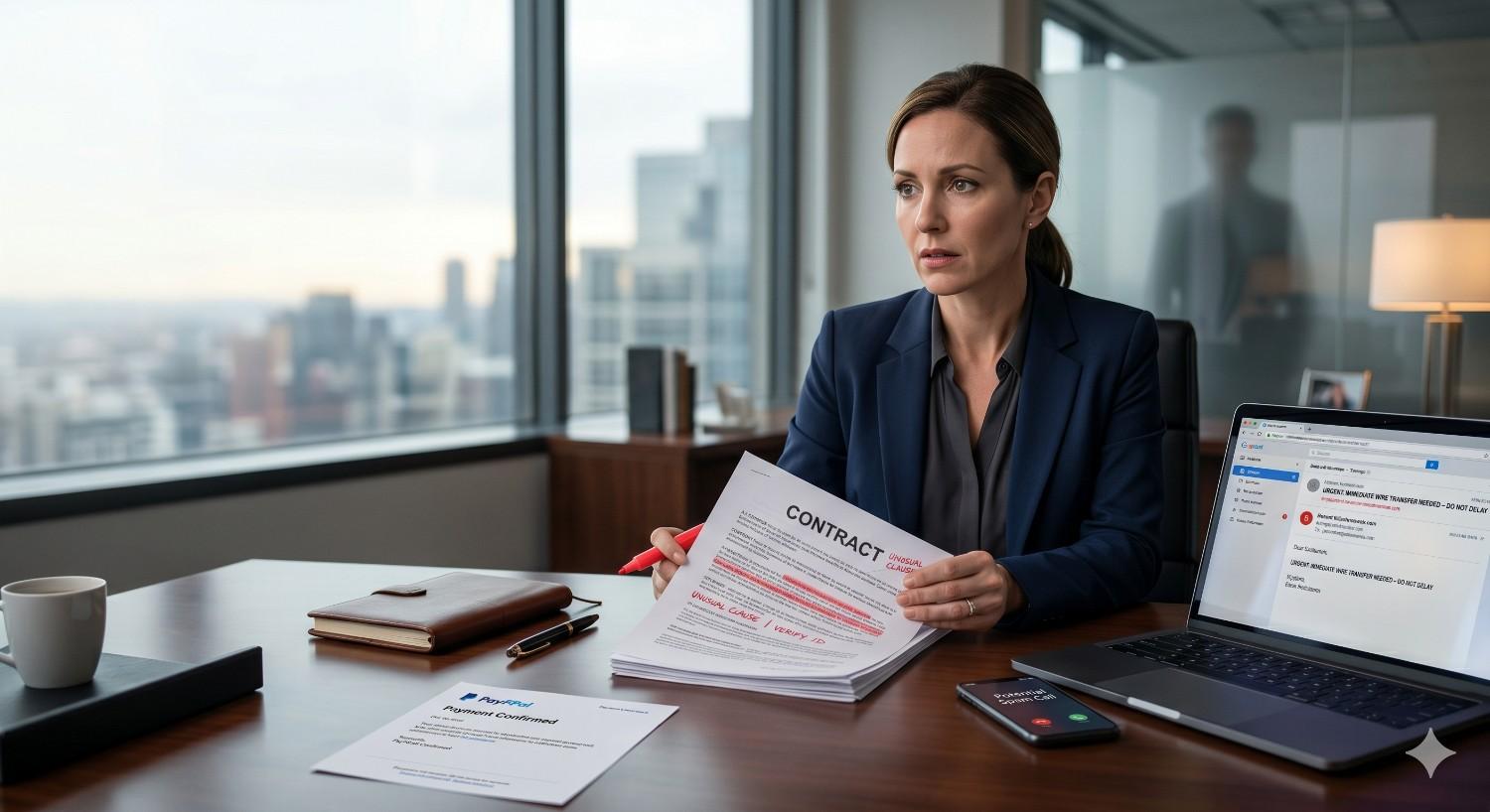 Concerned businesswoman reviewing a contract with highlighted clauses in a modern office overlooking a city skyline. A laptop displays urgent messages, while legal documents and paperwork on the desk suggest contract disputes, compliance issues, or financial negotiations.