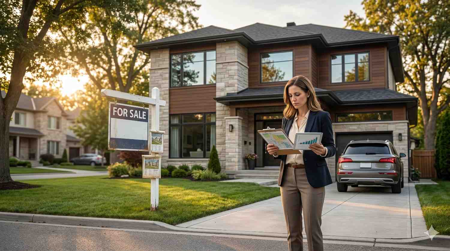 Real estate agent reviews property documents outside a modern luxury home with a “For Sale” sign. The upscale suburban property features landscaped grounds, large windows, and a parked SUV in the driveway.