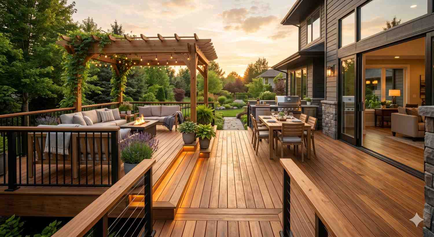 Spacious backyard deck featuring a modern outdoor living area with pergola, string lights, fire pit seating, dining table, and built-in barbecue grill. Warm sunset lighting highlights natural wood decking, landscaped gardens, and seamless indoor-outdoor connection through large sliding glass doors. Contemporary patio design creates an inviting entertainment space for relaxing, dining, and gatherings.