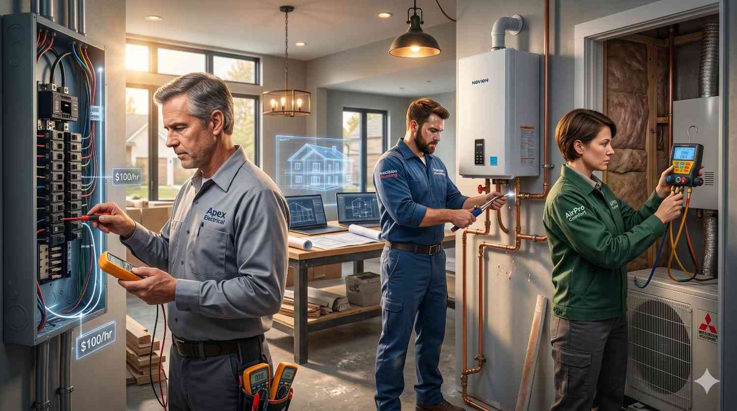 Three home service technicians perform electrical, plumbing, and HVAC work inside a modern house. One tests an electrical panel, another installs piping for a water heater, and a third checks HVAC equipment using diagnostic tools