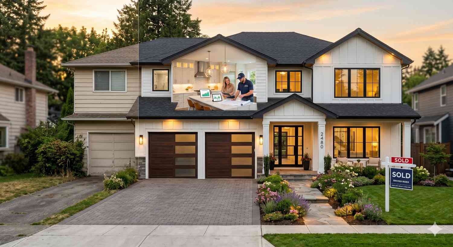 Split-view suburban home transformation showing original older house beside newly renovated modern residence at sunset. Contemporary exterior features updated siding, large windows, landscaped front yard, and double garage. Interior overlay reveals homeowners and contractor reviewing renovation plans in bright kitchen. Real estate sold signs emphasize successful residential remodel and property value improvement.