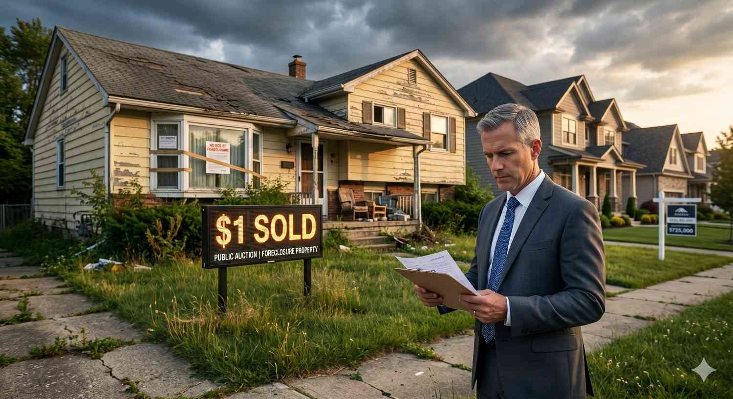 A man in a suit reviews paperwork outside a neglected suburban house with overgrown grass and boarded windows. A glowing “$1 Sold” foreclosure sign stands in the yard, contrasting with newer neighboring homes under a dramatic cloudy sky.