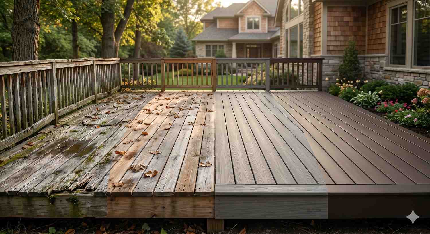 Split-view image comparing an old weathered wooden deck with a newly renovated composite deck. The updated side features clean modern boards and improved durability, highlighting outdoor home improvement and deck replacement transformation.