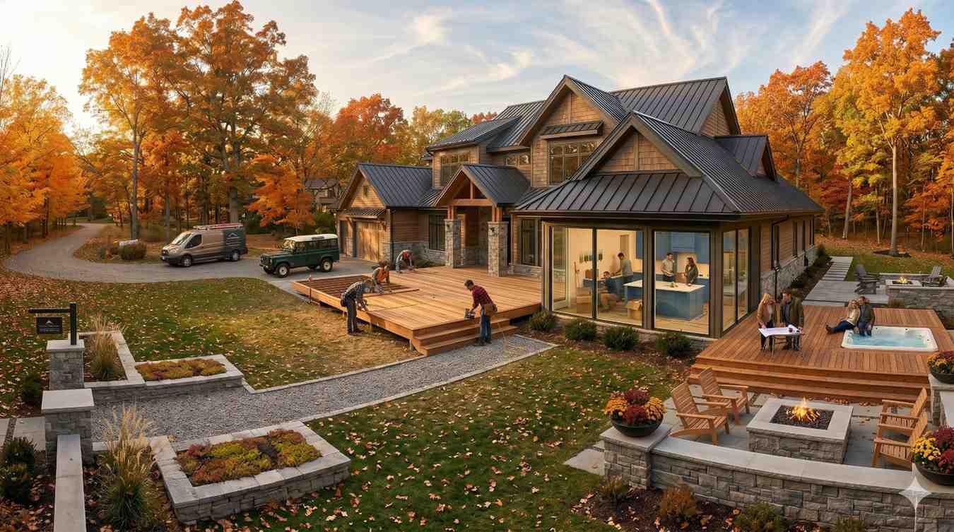 Large luxury home surrounded by autumn trees with contractors building an expansive backyard deck. Outdoor living spaces include a hot tub, fire pit, seating areas, landscaped yard, and modern patio design during a busy home improvement project.