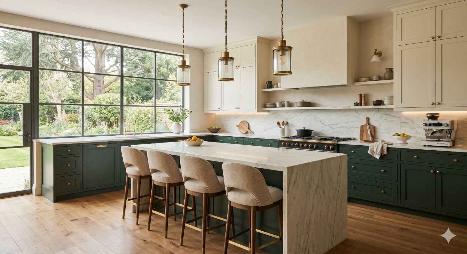 A bright modern kitchen features a large marble island with bar stools, dark green cabinetry, brass pendant lights, open shelving, and expansive windows overlooking a landscaped garden and outdoor patio.