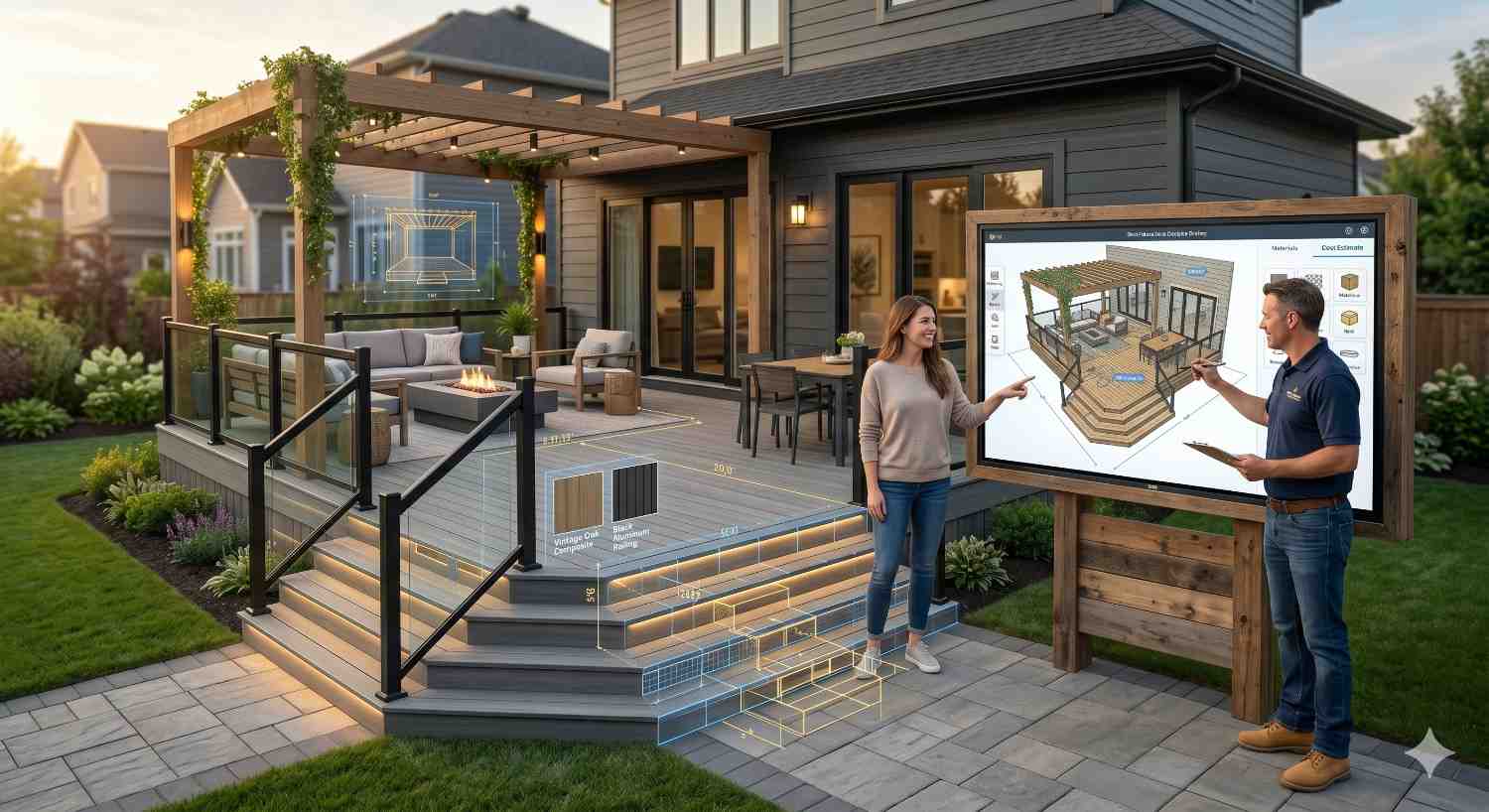 Homeowner and contractor reviewing a 3D digital deck design beside a modern backyard patio with pergola and composite decking. The interactive display shows layout plans, materials, and cost estimates, highlighting custom deck planning, outdoor renovation technology, and modern exterior design.