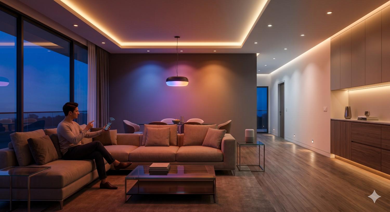 Man controlling smart lighting installation in a modern living room using smartphone, adjusting ambient LED ceiling lights and smart home system at night