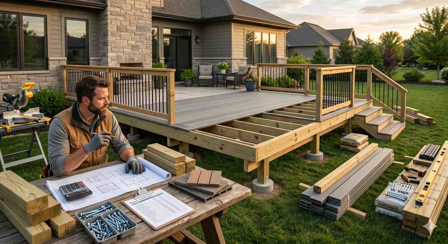 A contractor reviews plans at a worktable beside a partially completed backyard deck attached to a modern suburban home. Lumber, composite decking boards, tools, fasteners, and construction materials are organized around the site. The elevated deck features railings and stairs, with exposed framing underneath, while landscaping and neighboring houses appear in the background.