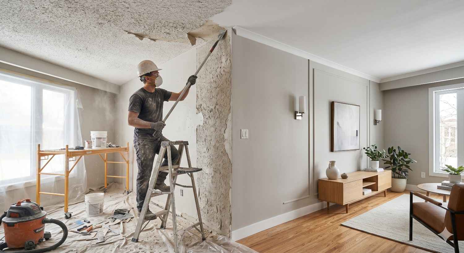 Worker scraping popcorn texture from interior walls and ceiling in modern living room remodel with dust protection setup
