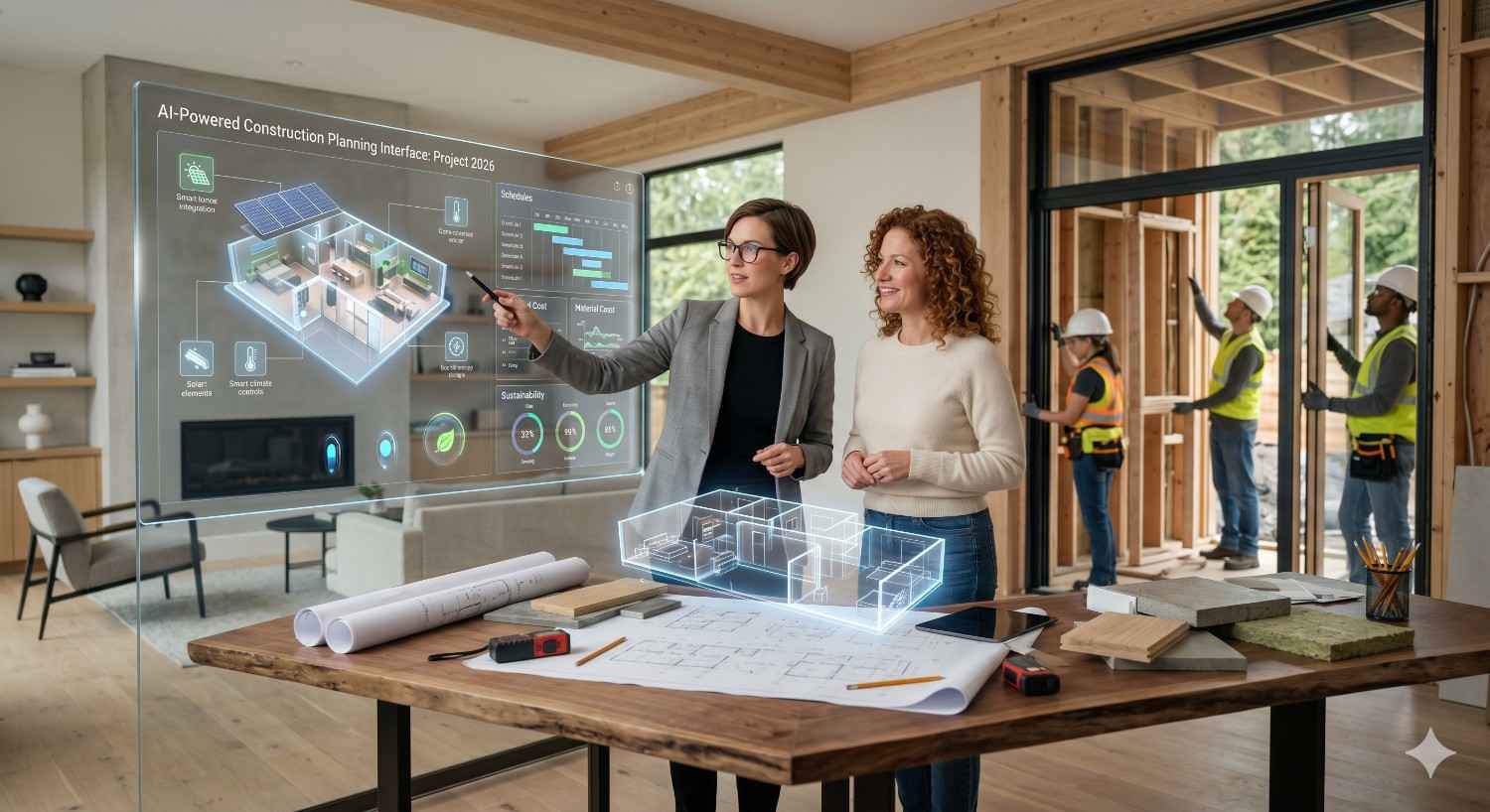 Designer presents an AI-powered construction planning interface to a homeowner inside a modern house under construction. Digital blueprints, smart home features, and sustainability data are displayed while construction workers build in the background.