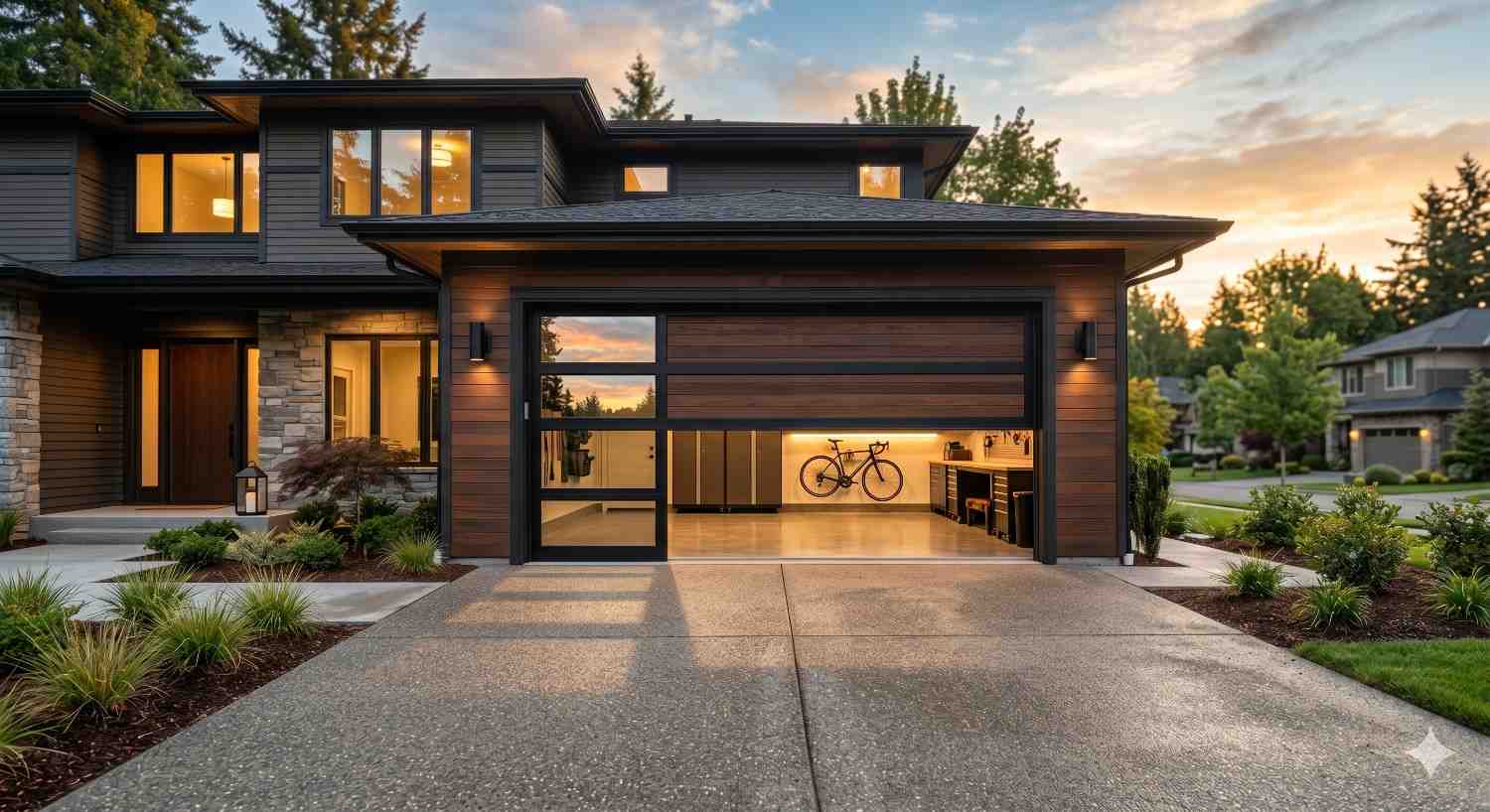 A modern luxury home features an open glass-panel garage door at sunset, revealing a clean organized garage interior with built-in storage, bicycles, and warm lighting along a landscaped suburban driveway.