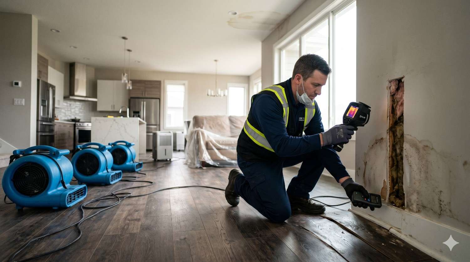 Water damage restoration specialist uses thermal imaging and moisture meters to inspect wet drywall and flooring inside a residential home. Commercial air movers and dehumidifiers dry affected areas while stained walls reveal hidden moisture intrusion. Scene highlights leak detection, flood damage assessment, structural drying, mold prevention, and professional property restoration services.