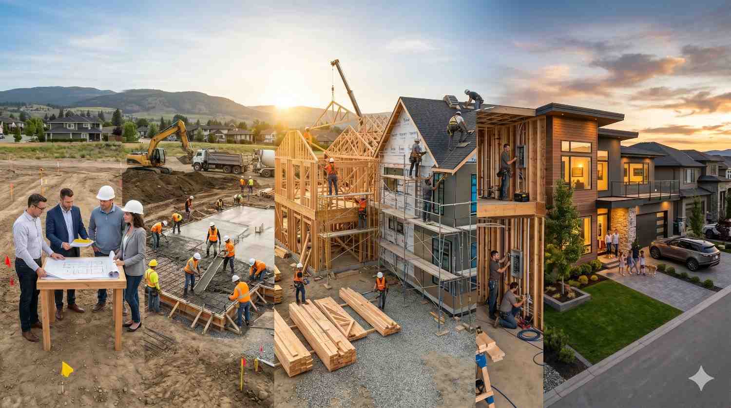 Construction crews build modern suburban homes at sunset, showing multiple stages from foundation pouring to framing and finishing Workers install roofing, walls, and utilities while architects review blueprints nearby Heavy machinery, lumber stacks, and scaffolding fill the active development site beside completed luxury houses in a growing residential neighborhood community