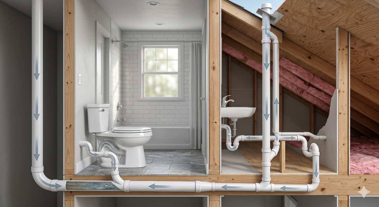 Illustrated cutaway of a home bathroom plumbing system shows toilet drain and vent pipes inside walls and attic framing. Directional arrows trace airflow and wastewater movement, explaining how vent stacks support proper drainage and sewer system function.