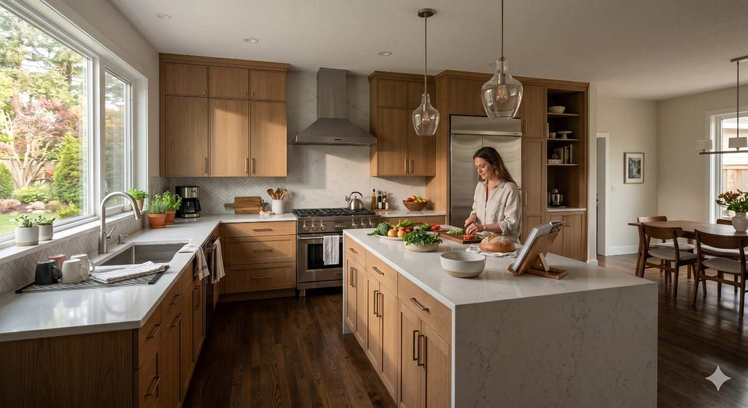 Woman prepares food in a spacious modern kitchen with natural wood cabinetry, white countertops, stainless steel appliances, and a large center island. Large windows and warm lighting create a bright, inviting atmosphere.