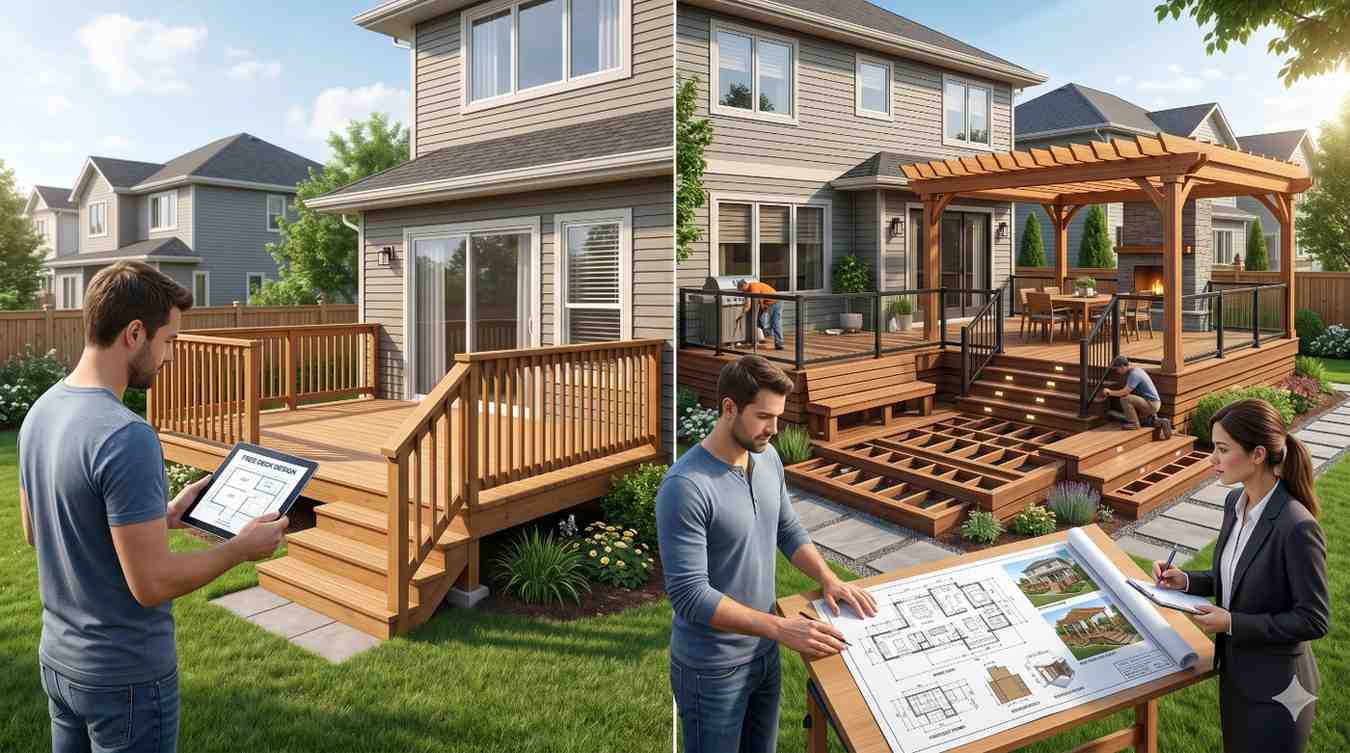 Side-by-side comparison of residential deck projects showing a basic completed wooden deck on one side and an upgraded custom deck design on the other. A homeowner reviews plans with a designer while construction progresses. Features include pergola, railings, stairs, outdoor living spaces, landscaping, project planning, and deck renovation concepts.
