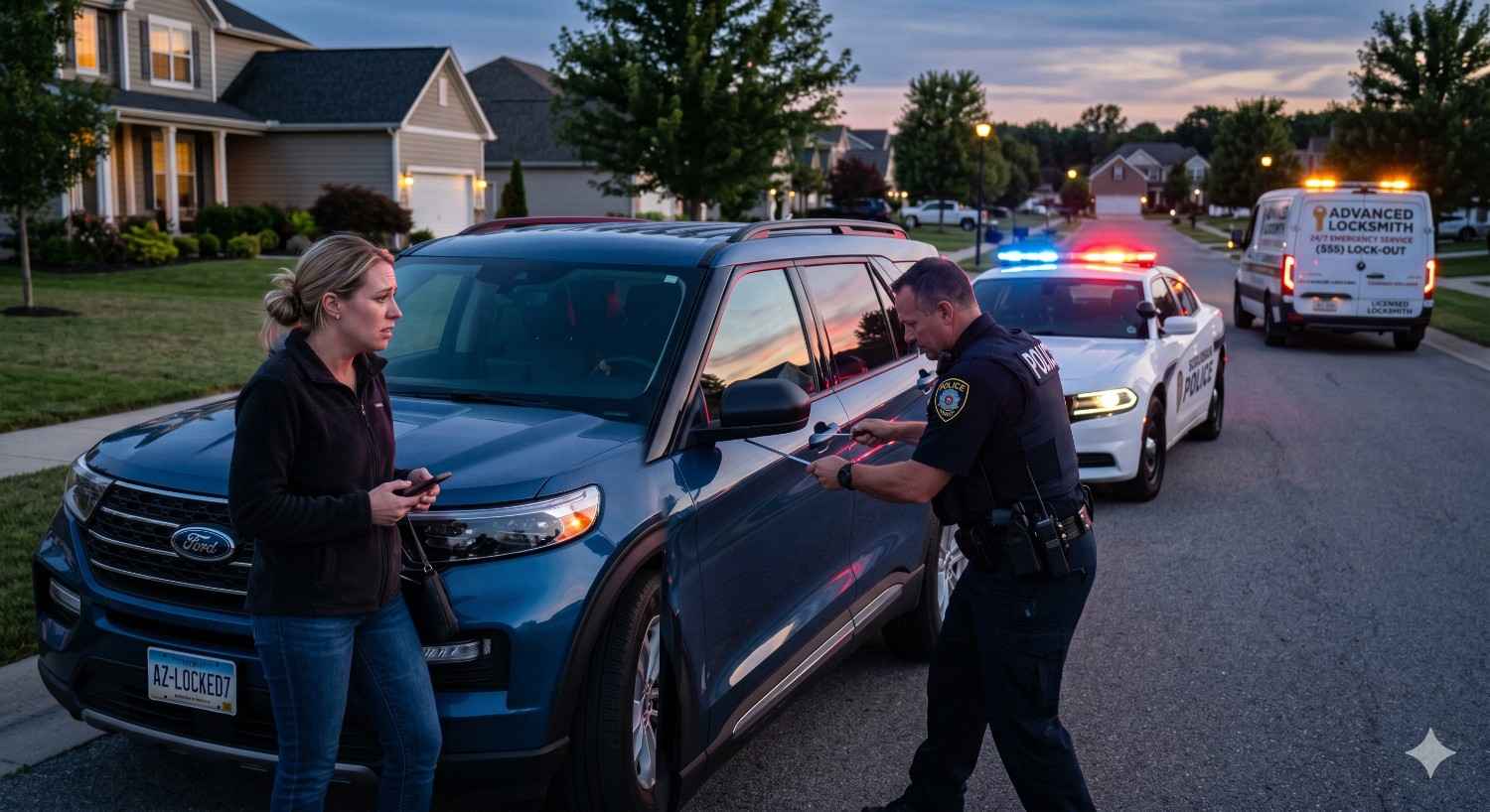 Concerned woman stands beside a locked SUV in a suburban neighborhood while a police officer assists near the vehicle. Flashing patrol lights and a locksmith van in the background suggest a roadside lockout or emergency assistance situation at dusk.