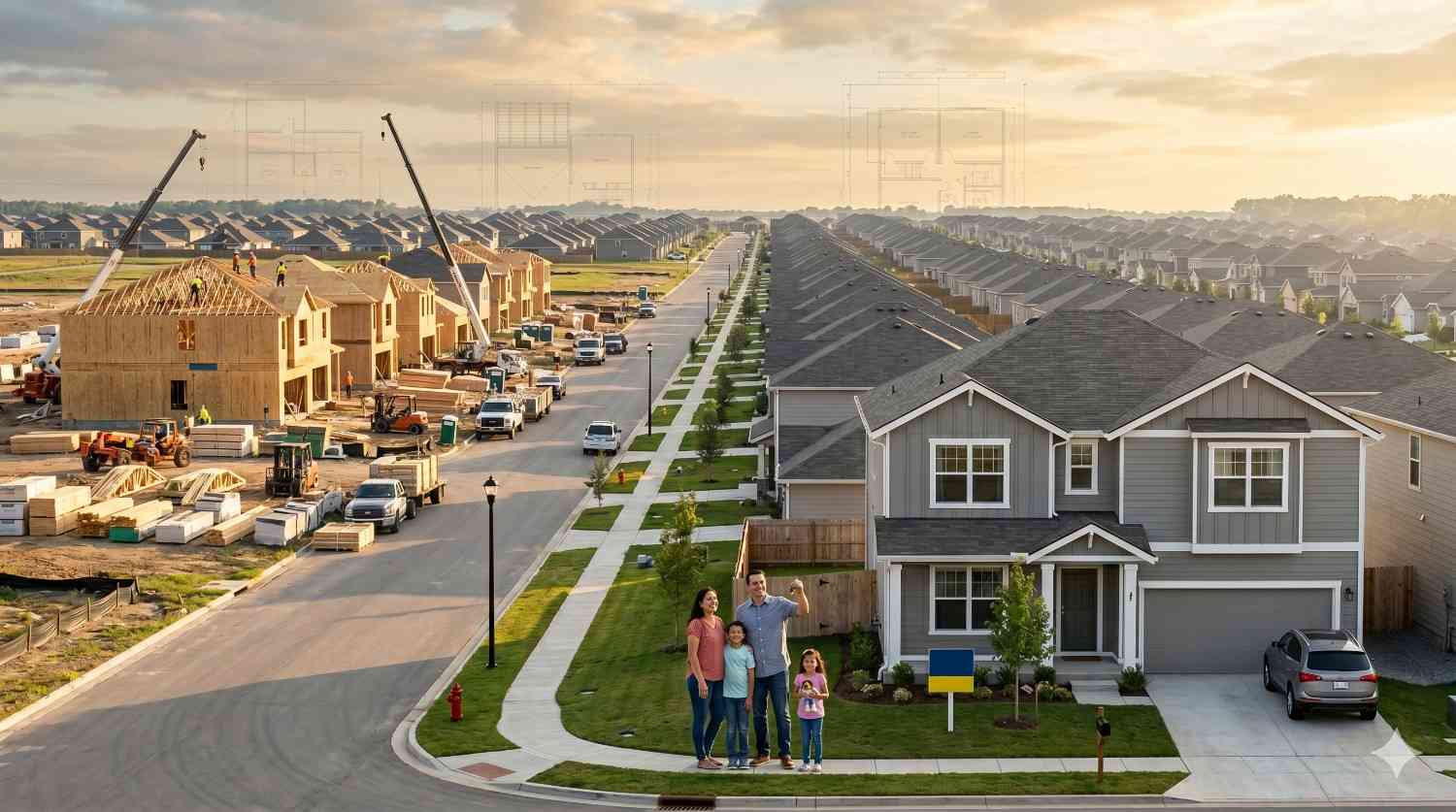 Family stands outside a completed suburban home in a large residential development. Nearby houses remain under construction with cranes, framing crews, and building materials visible along newly developed neighborhood streets.