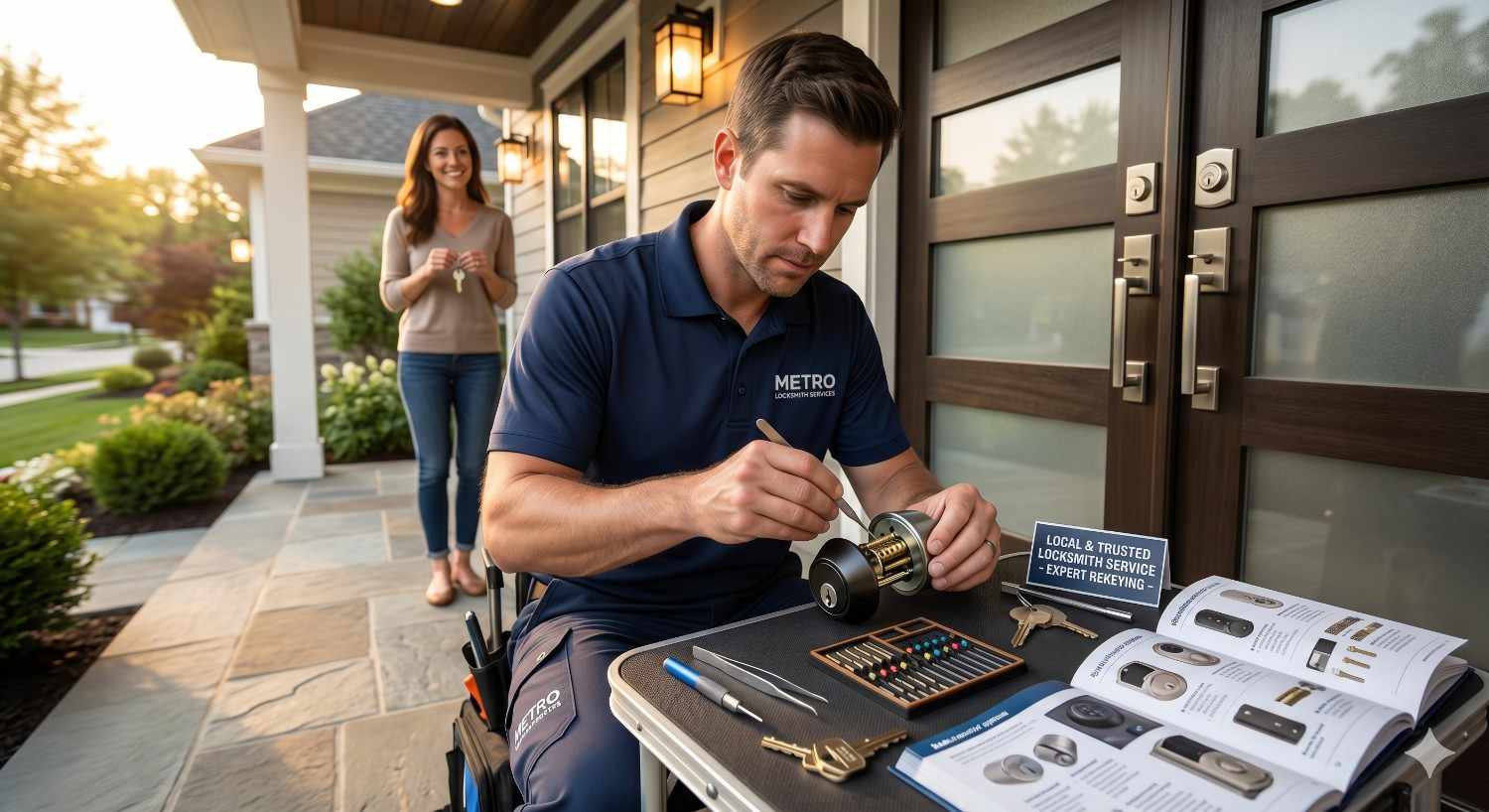Mobile locksmith rekeys a door lock cylinder on a front porch using specialized tools and pin kits. A homeowner stands nearby holding keys, while lock components and service materials are arranged on a portable workstation outside the home.
