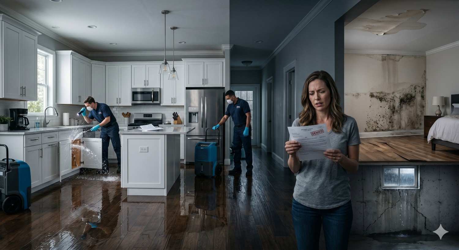 Worried homeowner reading a denied insurance claim while water damage restoration workers clean a flooded kitchen. Mold growth, ceiling stains, and basement cracks highlight severe home damage caused by leaks, flooding, and moisture issues in the property.