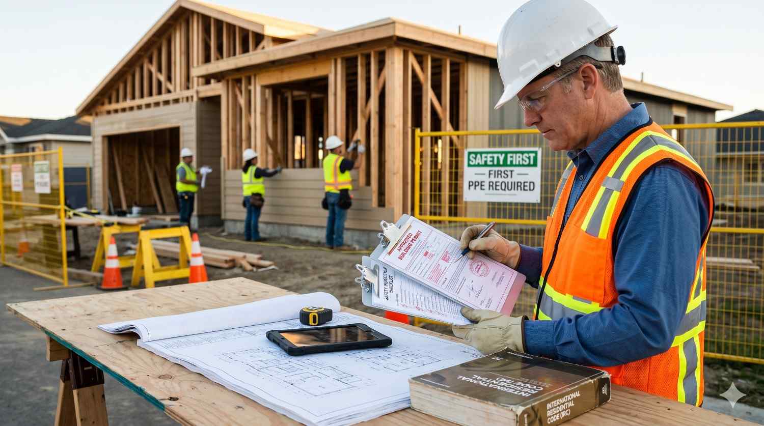Construction site inspector wearing a hard hat, safety glasses, gloves, and high-visibility vest reviews permit documents and building plans at a residential home under construction. Framed walls, workers installing exterior materials, safety fencing, cones, and code reference manuals highlight quality control, compliance inspections, and project management activities.
