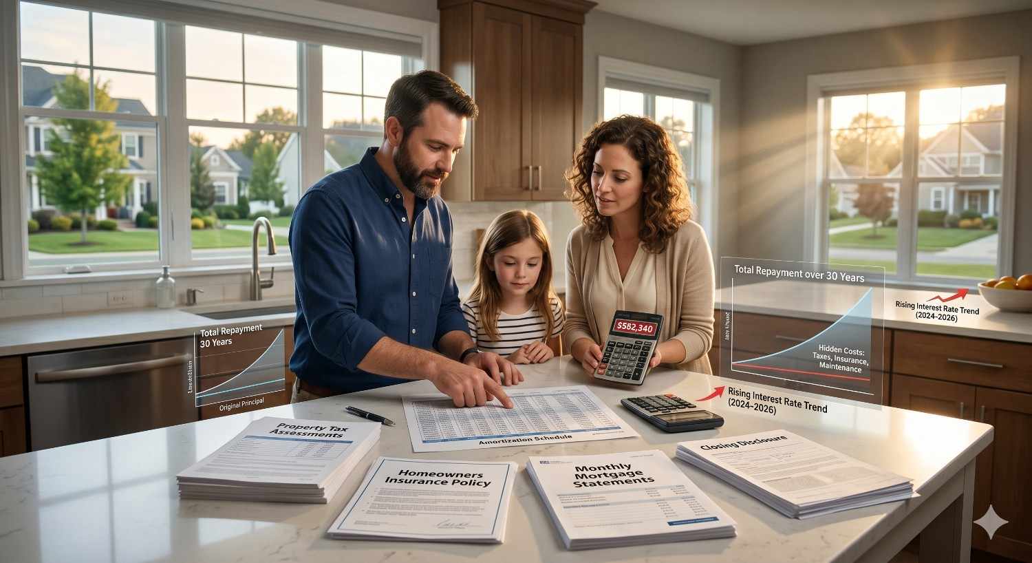 Family reviewing mortgage payments, insurance documents, and rising interest rate charts at a kitchen counter. Parents and child examine financial paperwork and calculators, highlighting long-term homeownership costs, budgeting, and housing affordability concerns.