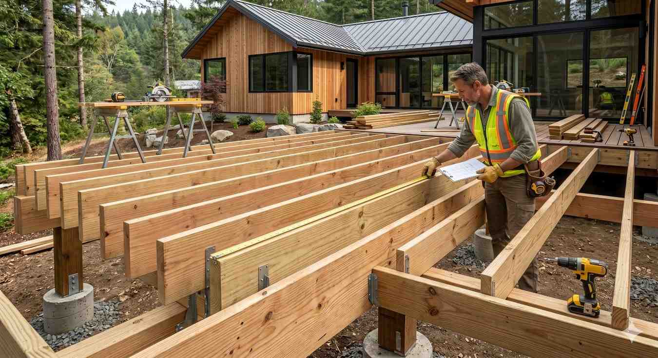 Contractor wearing a safety vest and tool belt measures deck joist spacing during construction of a large outdoor deck attached to a modern home. Pressure-treated lumber, concrete footings, metal joist hangers, power tools, and building plans are visible, highlighting structural framing, precision layout, and professional residential deck-building craftsmanship.