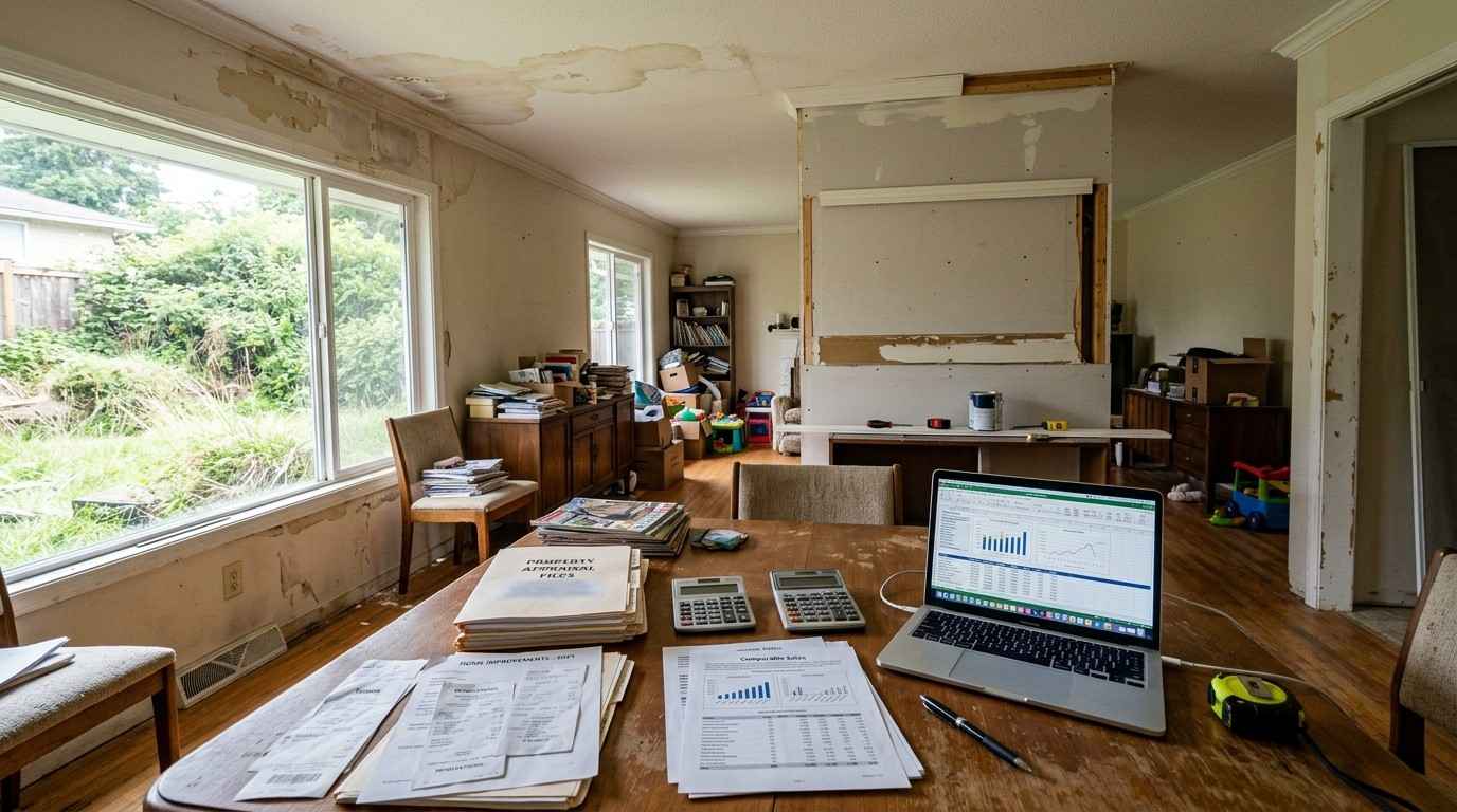 Suburban home with clutter, deferred maintenance, unfinished repairs, overgrown landscaping, and property valuation documents, illustrating common homeowner mistakes that can negatively influence a real estate appraisal.