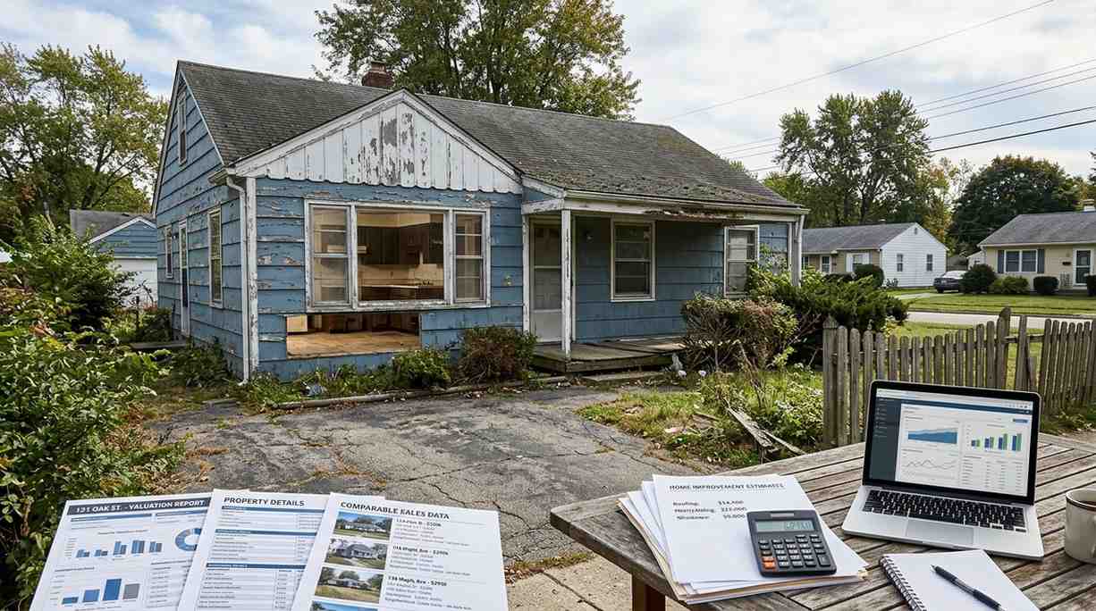 Suburban home with deferred maintenance, aging roof, outdated interior finishes, cracked driveway, poor landscaping, and property valuation documents, illustrating common issues that can negatively affect a home appraisal.