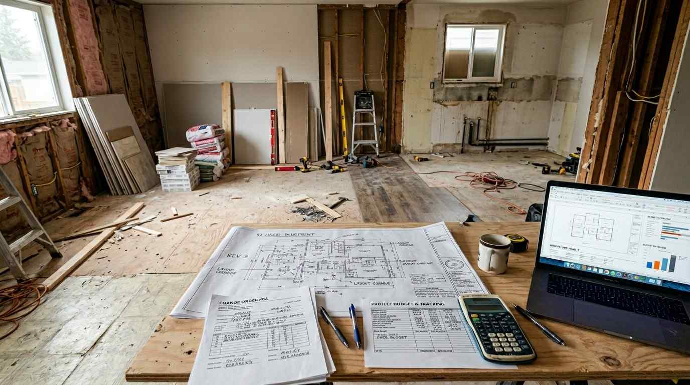 Suburban home renovation showing unfinished rooms, construction delays, misplaced materials, change order documents, and project planning issues that illustrate common contractor mistakes involving poor project management and coordination.