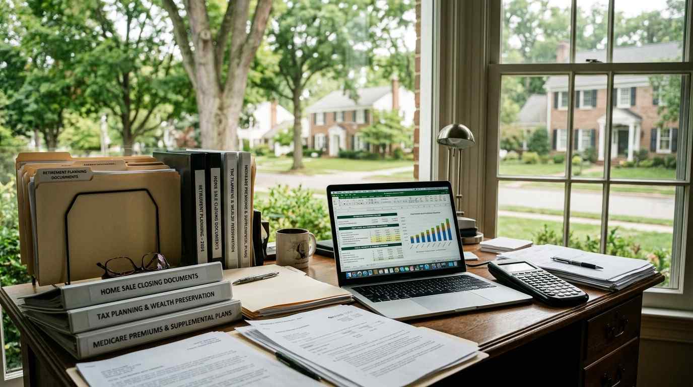 Long-owned suburban home with retirement planning documents, home sale paperwork, tax records, and financial projections, illustrating how a profitable home sale can affect Medicare premiums and retirement income planning.